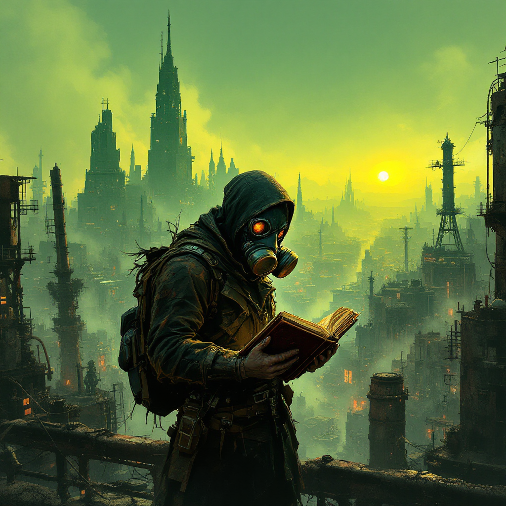 A figure in a gas mask stands amidst a post-apocalyptic landscape, holding a book, against a backdrop of ruins and a greenish-yellow sky, reflecting on the reality of life beyond stories.