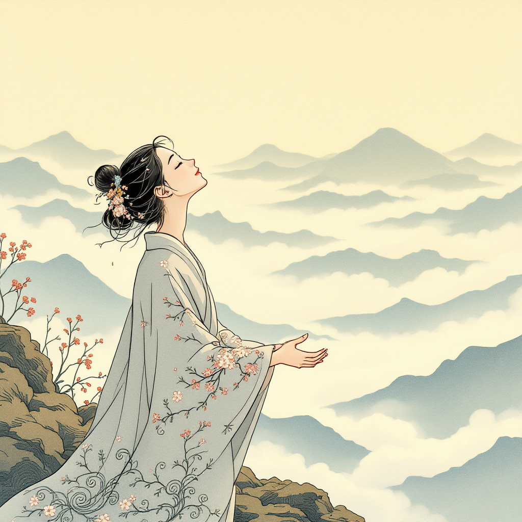 A serene figure in a flowing robe stands on a mountain peak, gazing upward, surrounded by clouds and distant mountains, embodying the essence of life's vastness.