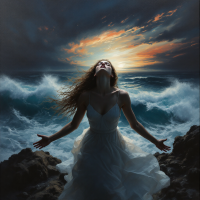 A woman in a flowing white dress stands on rocky shores, arms outstretched towards a turbulent sea, with a dramatic sunset illuminating the sky, embodying the chaos of existence.