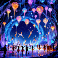 A vibrant ice cave scene filled with ethereal dancers, colorful glowing orbs, and shimmering crystals, creating a magical and captivating spectacle under a starry sky.