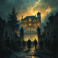 A stormy sky looms over a majestic, old mansion, with dark figures walking towards its imposing gate, symbolizing the divide between wealth and the working class.