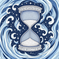 An hourglass surrounded by swirling waves and starry skies, symbolizing the passage of time and the essence of a heartbeat, evoking reflection on the weight of moments.