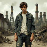 A young man stands amidst a desolate, industrial landscape, symbolizing change and the evolution of humanity over time. The scene has a somber atmosphere with crumbling structures and smokestacks.