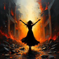 A silhouetted figure in a flowing dress stands amidst a backdrop of flames and debris, embodying beauty and resilience emerging from chaos.