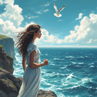 A young woman stands on a rocky shore, gazing at the ocean, as a seagull flies above, embodying the spirit of courage and determination despite fear.