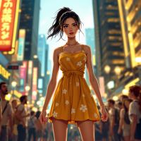 A young woman in a yellow floral dress stands confidently in a bustling city street, embodying the bravery and courage to stand up for others amidst the crowd.