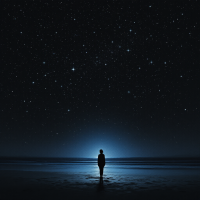 A silhouetted figure stands on a beach under a star-filled sky, embodying the quote, The darker the night, the brighter the stars, with a serene glow illuminating the scene.