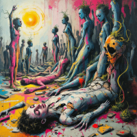 A vivid, surreal scene depicts humanoid figures in various states of decay and growth, surrounded by bright colors and shadows, reflecting themes of brokenness and healing.