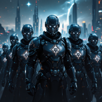 A group of armored warriors stands confidently in a futuristic city, embodying the quote, We are the warriors of the Imperium, and we shall not fail! with a commanding presence.