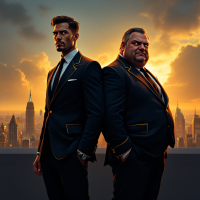 A striking image of two lawyers in sharp suits, standing back to back against a sunset skyline, embodying the duality of sanctity and corruption in their profession.