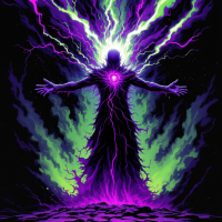 A figure silhouetted with outstretched arms is surrounded by vibrant purple and green energy, symbolizing an inner power radiating outward.