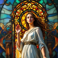 A woman in a flowing white gown stands confidently before a vibrant stained glass window, embodying the spirit of courage and the journey into the unknown.