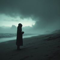 A figure in a long coat stands alone on a desolate beach, gazing at an overcast sky. The scene evokes a sense of isolation and contemplation, reflecting on fear as a driving force.