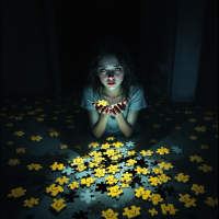 A girl sits in a dark space, illuminated by scattered yellow puzzle pieces around her, conveying a sense of introspection and the weight of choices, reflecting on the quote about happiness.