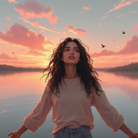 A woman stands with her arms outstretched by a calm lake at sunset, embodying hope and strength as vibrant clouds reflect in the water and birds fly in the distance.