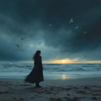 A figure in a flowing cloak stands on a beach, gazing at turbulent waves under a dark, cloudy sky, embodying the theme of uncertainty and the unknown.