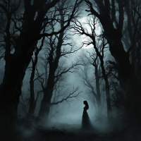 A silhouette of a woman in a dark forest, surrounded by twisted trees and dense fog, evokes a sense of solitude and strength against the haunting backdrop of the moonlit night.