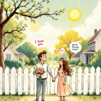 A couple walks hand in hand on a sunny day, with the man holding flowers and saying I love you, while the woman responds, We're having kids? illustrating the unexpected choices in marriage.