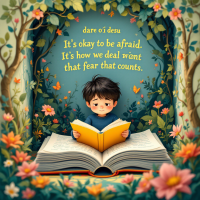 A young boy reads an open book amidst vibrant flowers and greenery, with the quote, It's okay to be afraid. It's how we deal with that fear that counts, beautifully displayed above him.