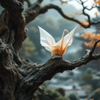 An origami crane perched atop a twisted tree branch, surrounded by softly blurred autumn foliage, evokes the message of embracing one’s responses amidst life's uncertainties.