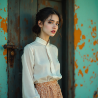 A young woman in a vintage blouse and patterned skirt stands thoughtfully by a weathered door, capturing the essence of the quote about love for humanity versus individual connections.