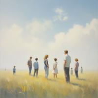 A group of people stands scattered in a sunlit field under a soft, cloudy sky, suggesting reflection on memory and the fleeting nature of human life.