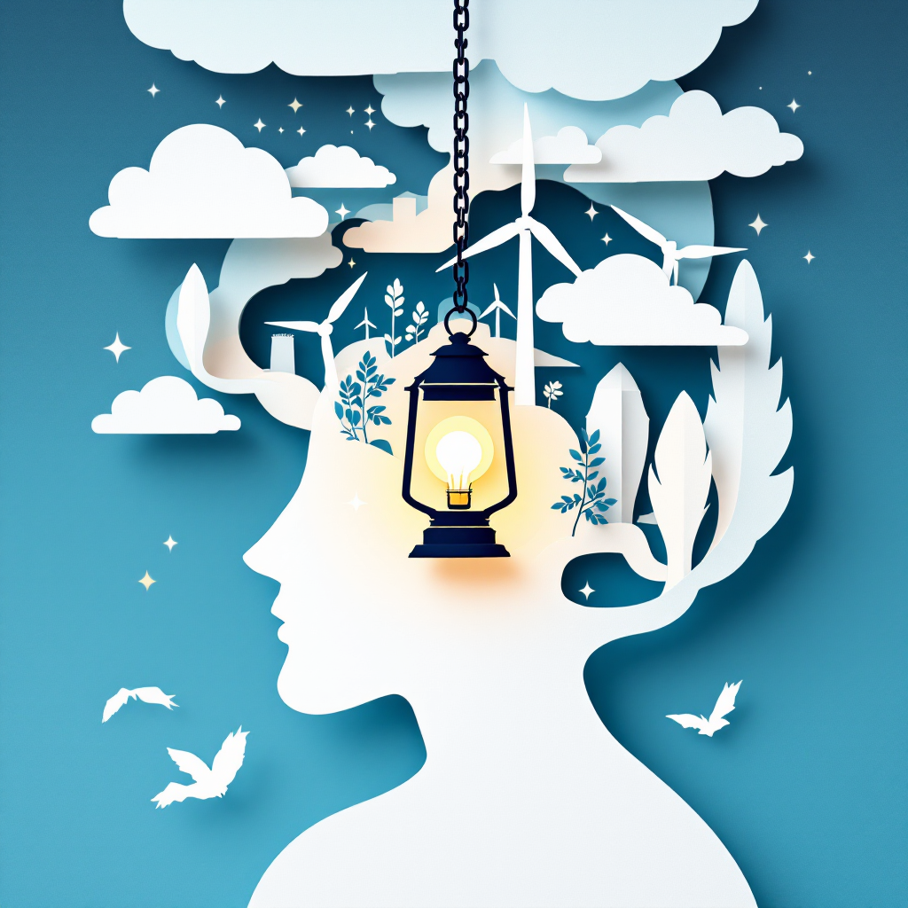 A stylized silhouette of a woman's head features a hanging lantern surrounded by clouds, wind turbines, and greenery, symbolizing a mindset shift toward true energy independence.