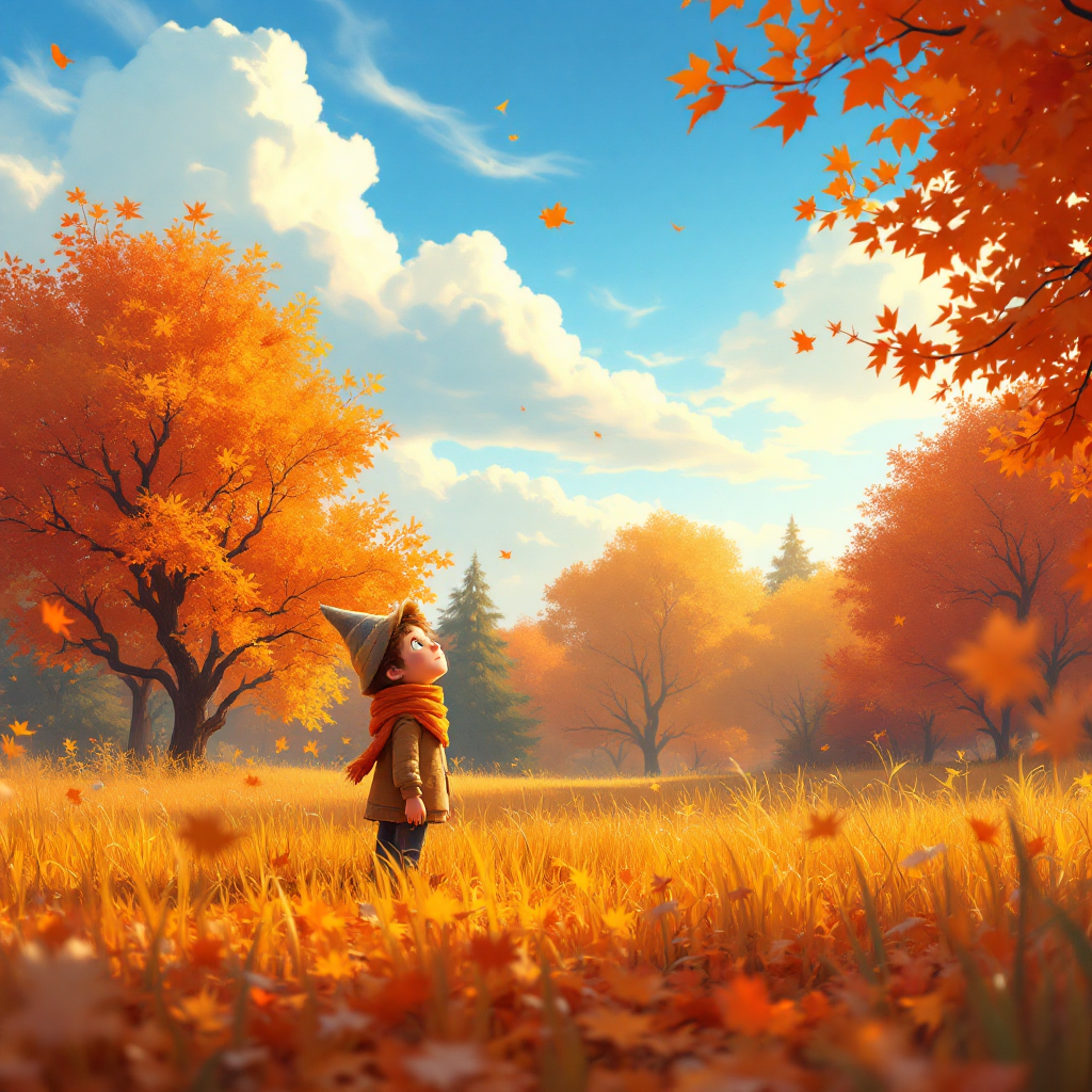 A child in a cozy sweater and hat stands in a golden field surrounded by vibrant orange and yellow trees, gazing up at a bright blue sky, embodying the joy of October.