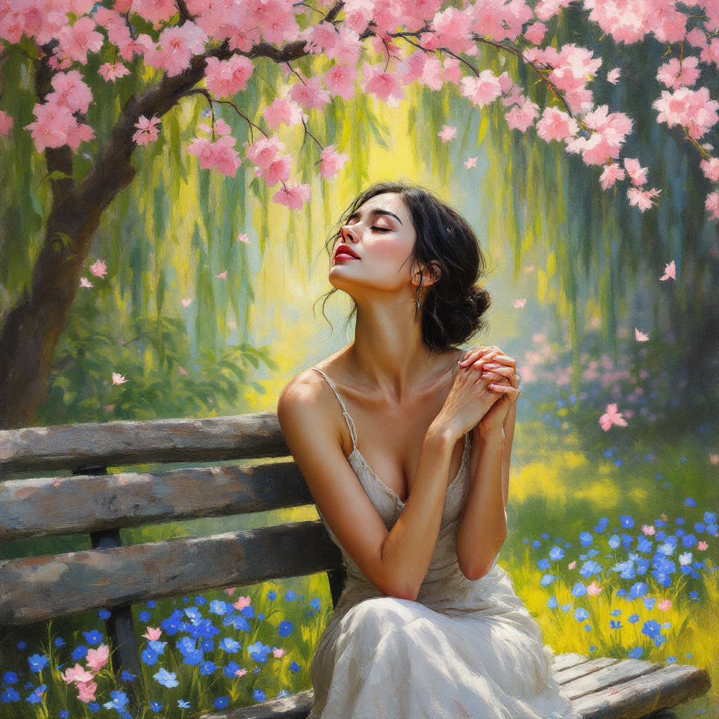 A serene woman in a flowing dress sits on a bench, surrounded by blooming pink flowers and vibrant greenery, embodying the quote about finding solace in nature's beauty.