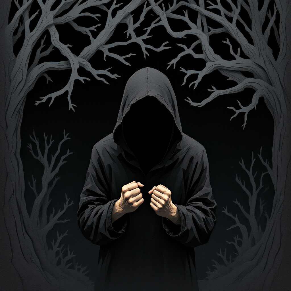 A cloaked figure stands in a dark forest, hands clenched, shrouded in shadow, embodying feelings of cowardice and isolation, reflecting the struggle of being misunderstood.