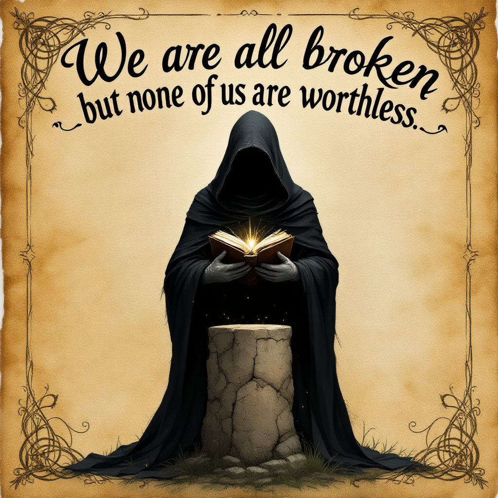 A cloaked figure stands before a stone pillar, holding an open book that radiates light, accompanied by the quote: We are all broken, but none of us are worthless.