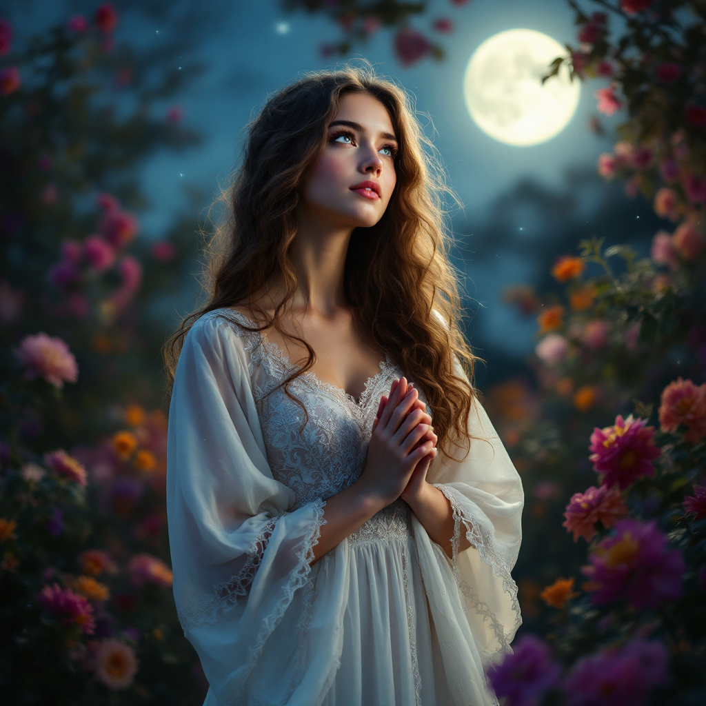 A young woman in a flowing white dress stands in a vibrant, flower-filled garden under a full moon, her hands clasped as she gazes thoughtfully, embodying deep, late-arriving love.