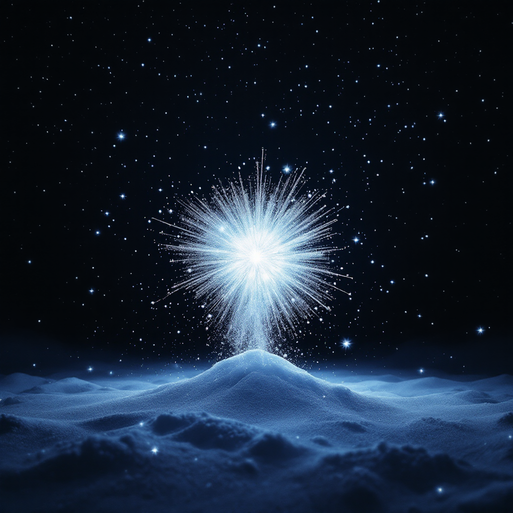 A glowing starburst emerges from a snowy landscape under a dark winter sky, illustrating the idea that true illumination is found in the depths of darkness.