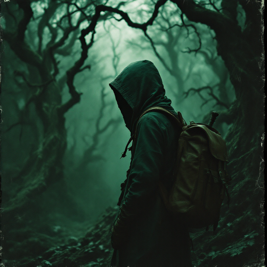 A hooded figure stands in a misty forest, surrounded by twisted trees. The atmosphere evokes the mood of the quote, Not all those who wander are lost.