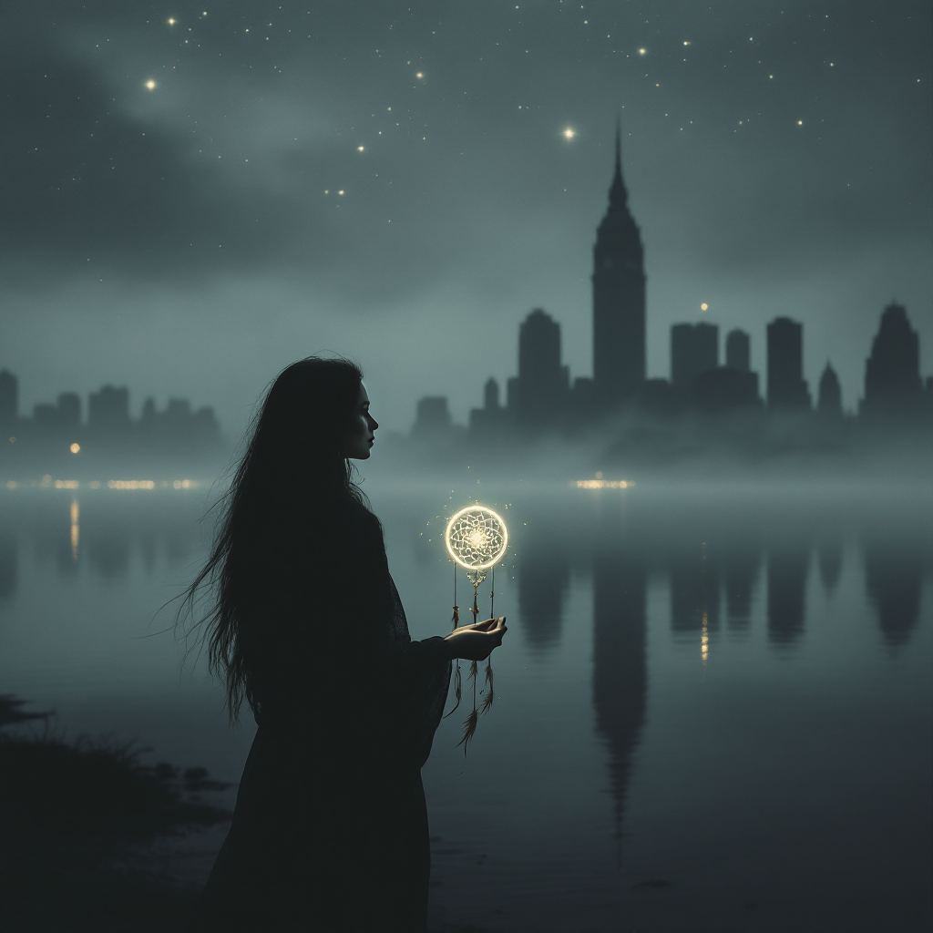 A silhouette of a woman holding a glowing dreamcatcher against a misty skyline, embodying the power of dreams over reality under a starry night.