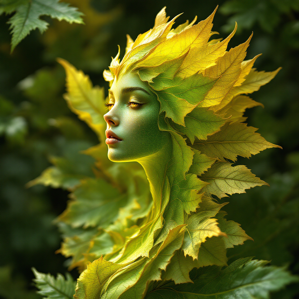 A serene figure with a face composed of green tones and vibrant yellow leaves, embodying a connection to nature, reflecting the longing expressed in the quote about happiness with Theo.