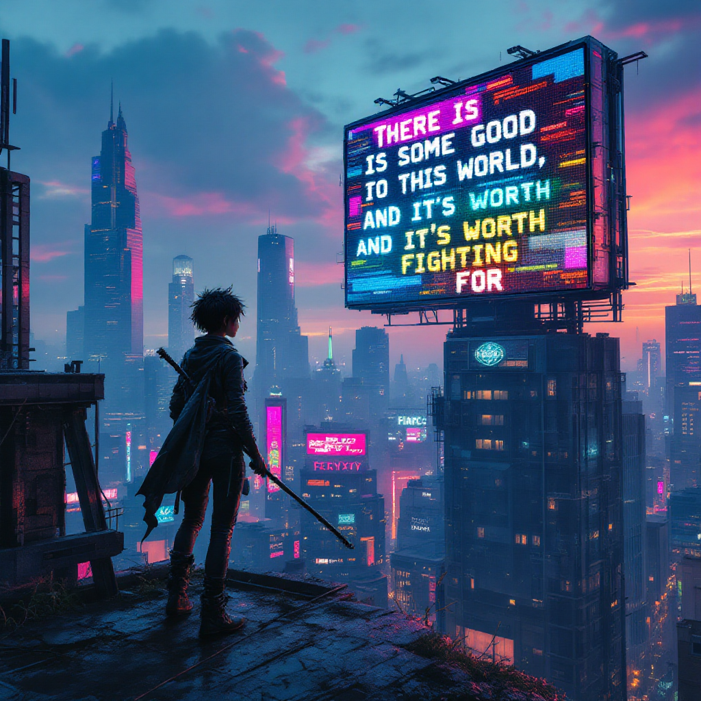 A silhouetted figure stands on a rooftop at sunset, gazing at a vibrant billboard that displays the quote, There is some good in this world, and it’s worth fighting for.