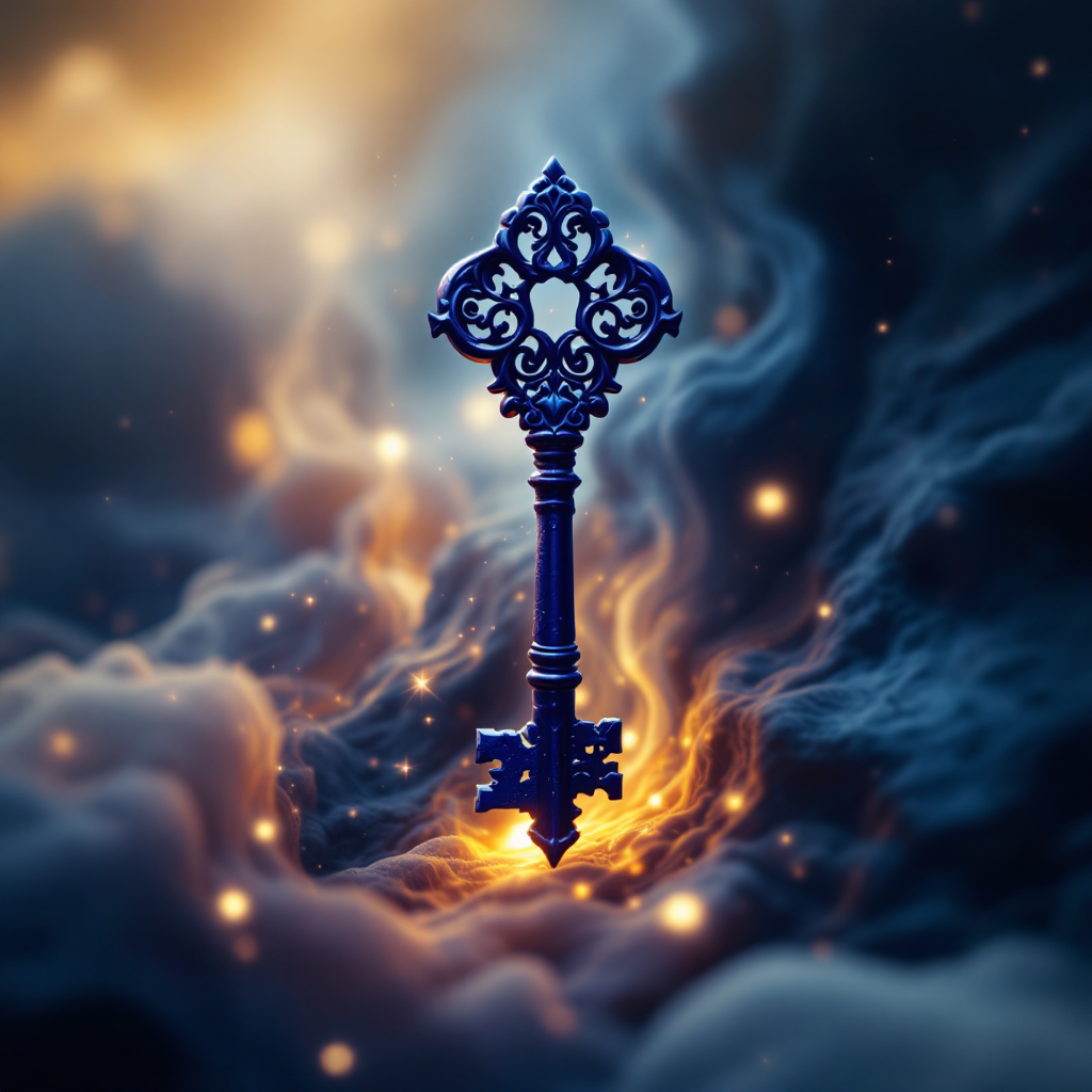 A beautifully ornate key emerges from swirling clouds of deep blue and gold, capturing the essence of a riddle that came from a dream.