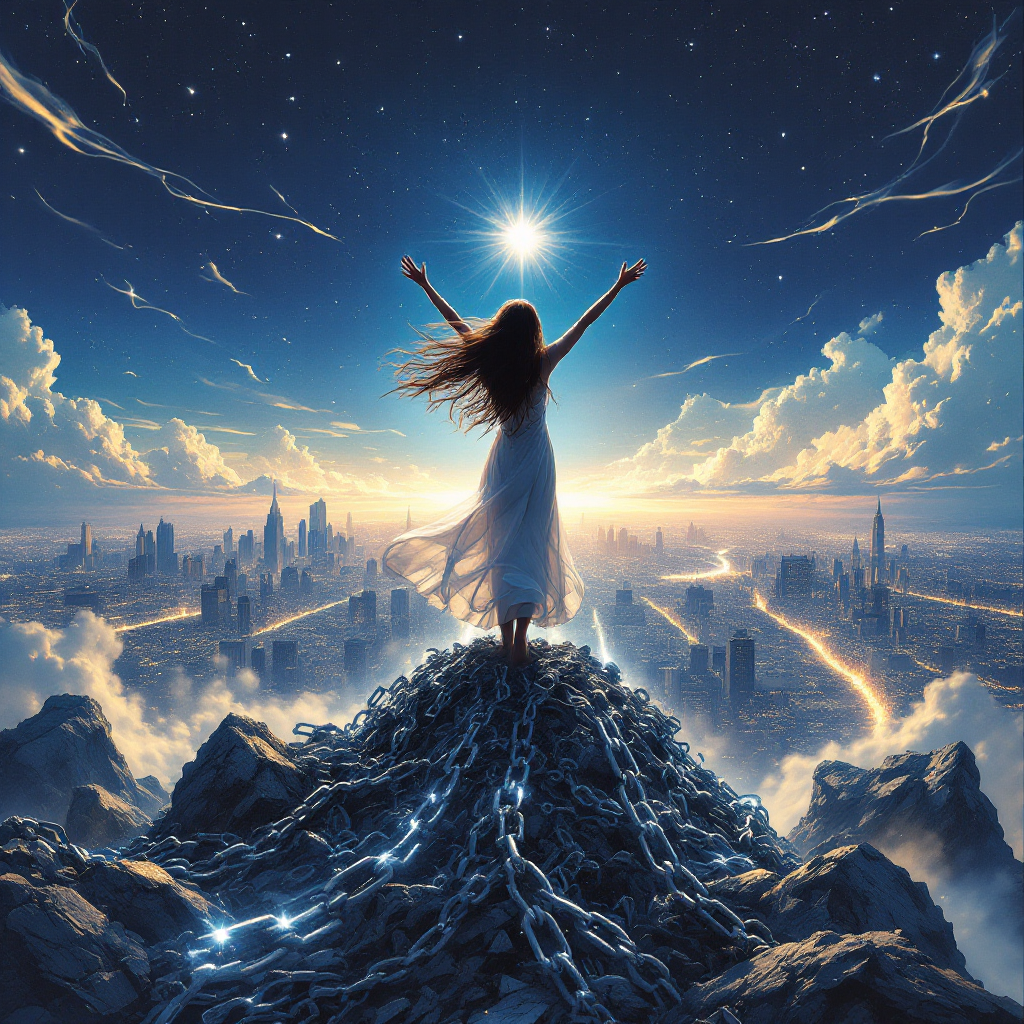 A figure stands triumphantly on a mountain, arms raised towards a radiant star above a cityscape, symbolizing the potential for good to overcome evil through collective effort.