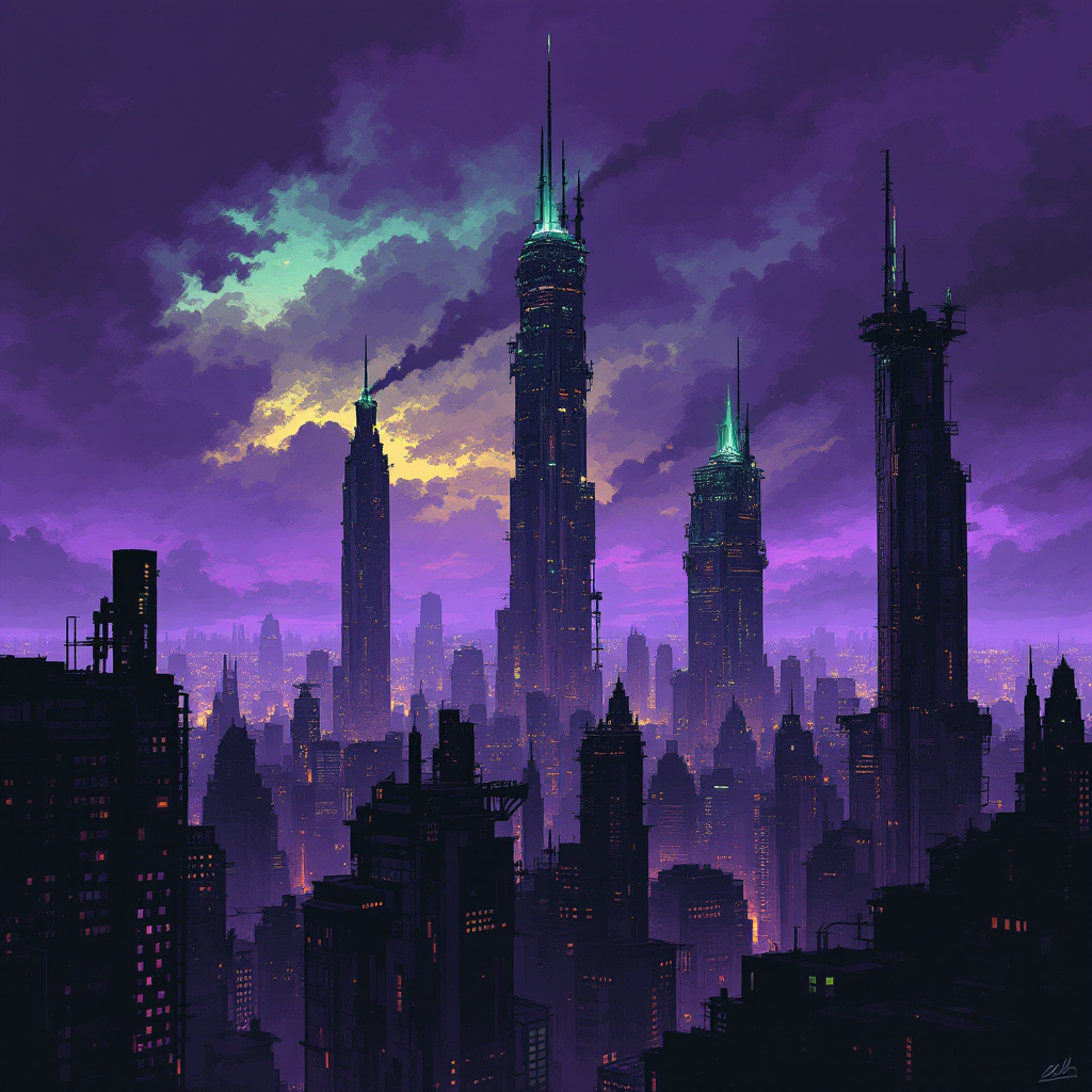 A futuristic cityscape at twilight, featuring towering skyscrapers illuminated by green and purple hues, reflecting the theme of resilience in facing circumstances.