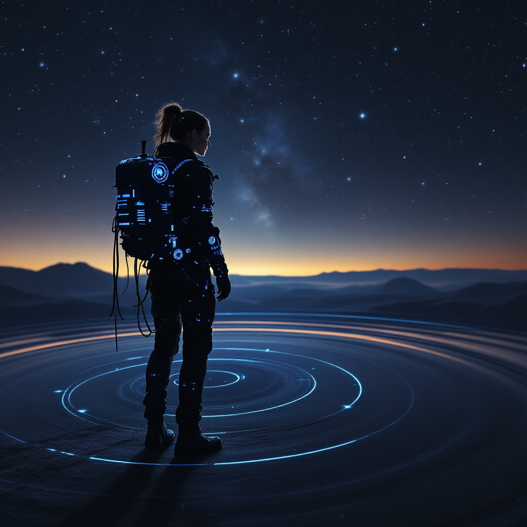 A silhouetted astronaut stands on a glowing, circular platform, gazing at a starry sky and distant mountains, embodying the quote about taking the first step and the universe's response.