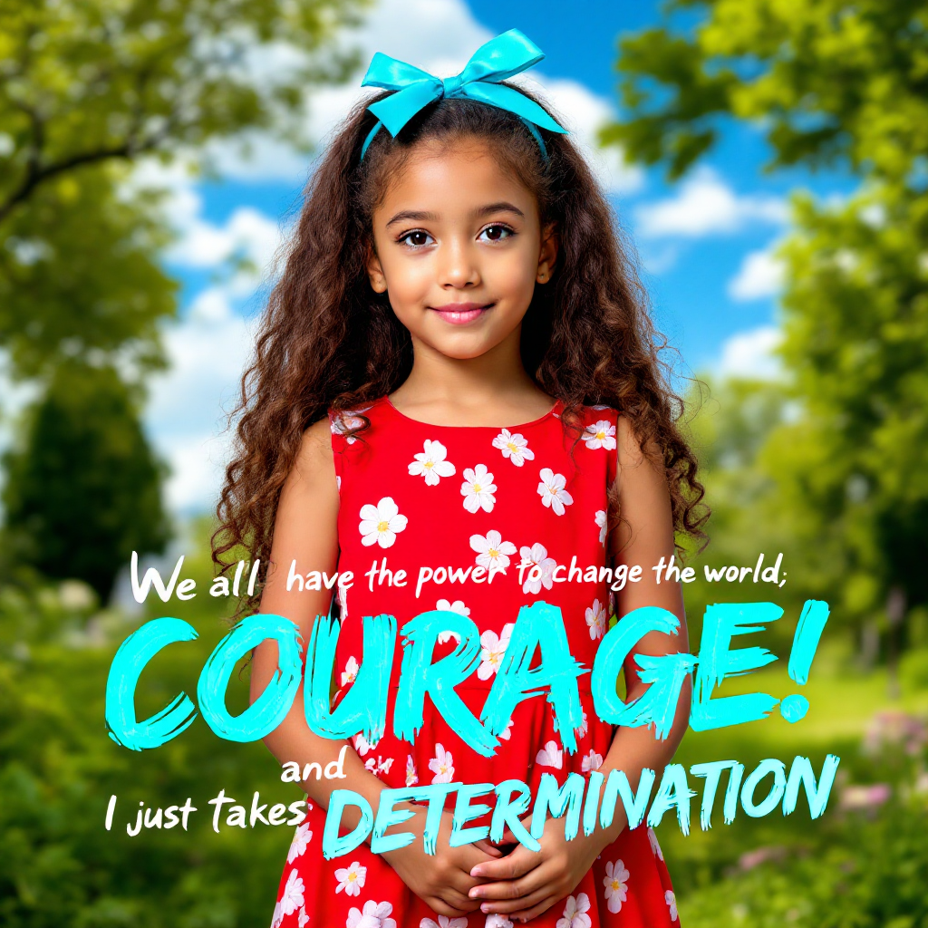 A young girl in a bright red dress stands confidently outdoors, surrounded by greenery, with the words Courage! and Determination! overlaying the scene, embodying the spirit of change.