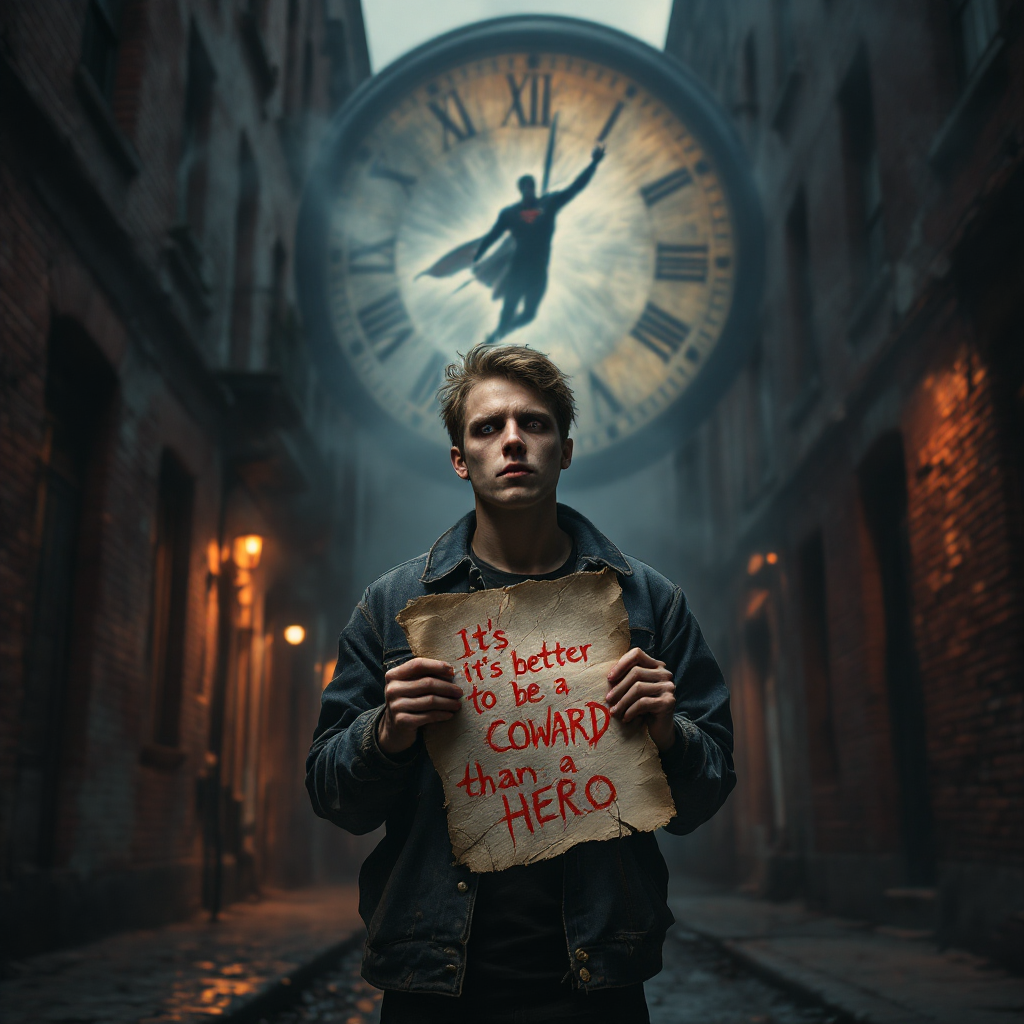 A young man holds a sign reading It's better to be a coward than a hero, standing in a dimly lit alley with a giant clock and a heroic figure in the background.