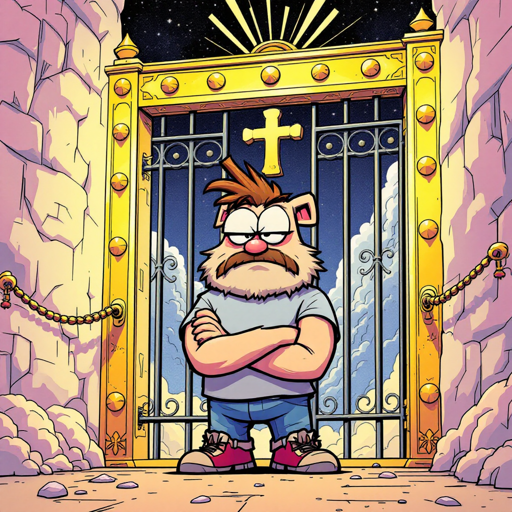 A cartoon character stands with crossed arms at the gates of heaven, expressing displeasure, echoing the quote, I don’t want to go to heaven with a headache.