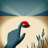 Illustration of a hand about to press a red button under a starry sky, inspired by a quote from a book discussing impulsive actions.