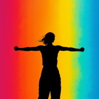 A silhouetted figure stands with arms outstretched against a vibrant gradient of rainbow colors, embodying the spirit of perseverance and courage in the face of challenges.