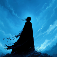 Silhouette of a figure in a flowing cloak against a vibrant blue sky, evoking a sense of wonder and the mysterious connections between the self and the strange world around us.