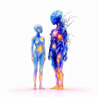 A futuristic, abstract representation of two humanoid figures, one smaller and blue, the other larger and vibrant, symbolizing our shared essence and interconnectedness.