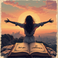 A person stands atop a cliff with arms outstretched, facing a sunrise. In the foreground, an open book displays the phrases “let go” and “embrace,” symbolizing a journey from the past to the future.