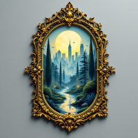 A gilded mirror frame encases a serene landscape with a winding river, towering cityscapes, and a luminous moon, reflecting the interplay of past, present, and future.